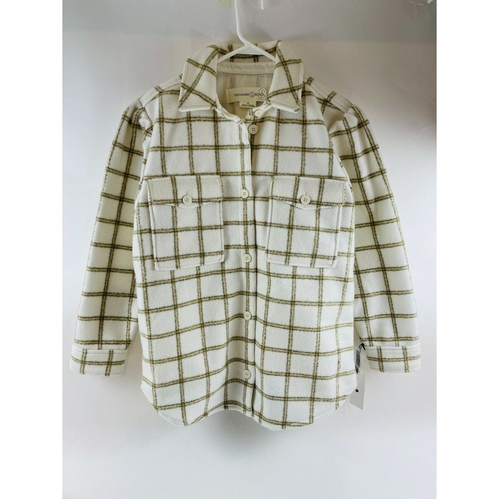 Treasure & Bond Jacket Size M Cream Tan Plaid Puff Sleeve Shirt Flap Pocket